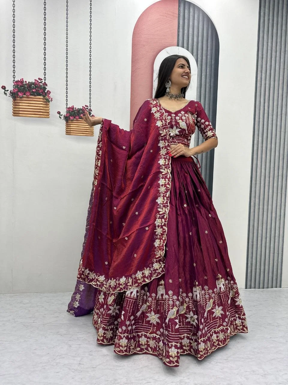 Festival Special To Glass Silk Lehenga Choli for Women with Embroidery Work, 3 Meter Flair & Heavy Embroidery Thread Sequence Dupatta in Rani Pink — photo 4 of 6