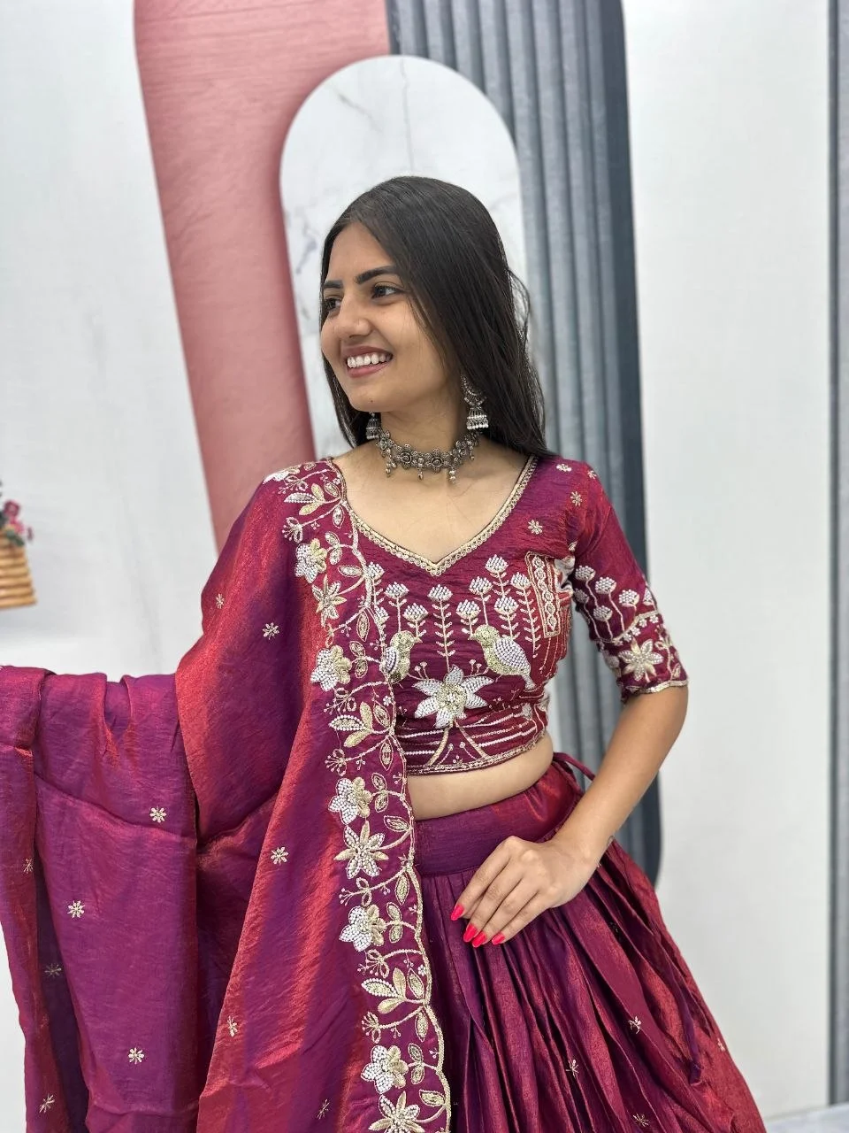 Festival Special To Glass Silk Lehenga Choli for Women with Embroidery Work, 3 Meter Flair & Heavy Embroidery Thread Sequence Dupatta in Rani Pink — photo 5 of 6