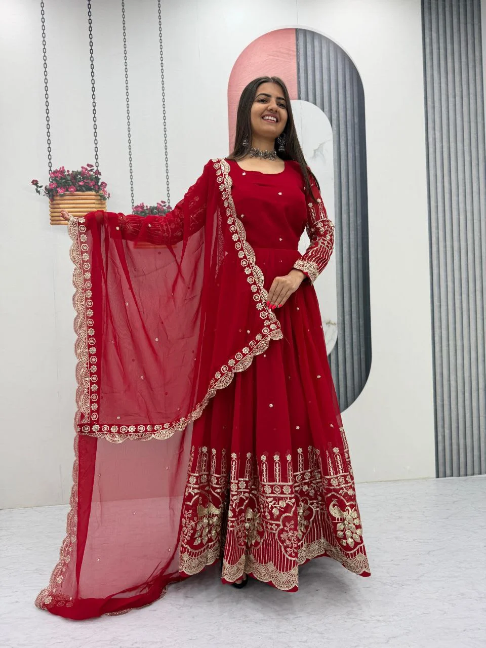 Vidala Clothings Partywear Fox Georgette Gown & Dupatta Set in Red — photo 2 of 8