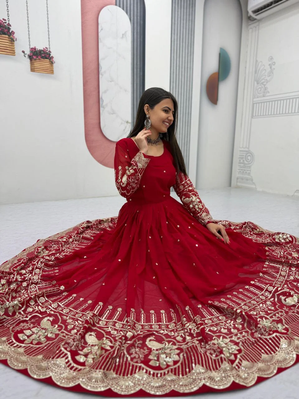Vidala Clothings Partywear Fox Georgette Gown & Dupatta Set in Red — photo 4 of 8