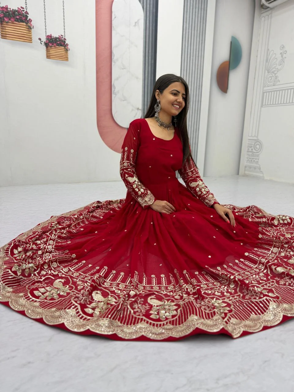 Vidala Clothings Partywear Fox Georgette Gown & Dupatta Set in Red — photo 5 of 8