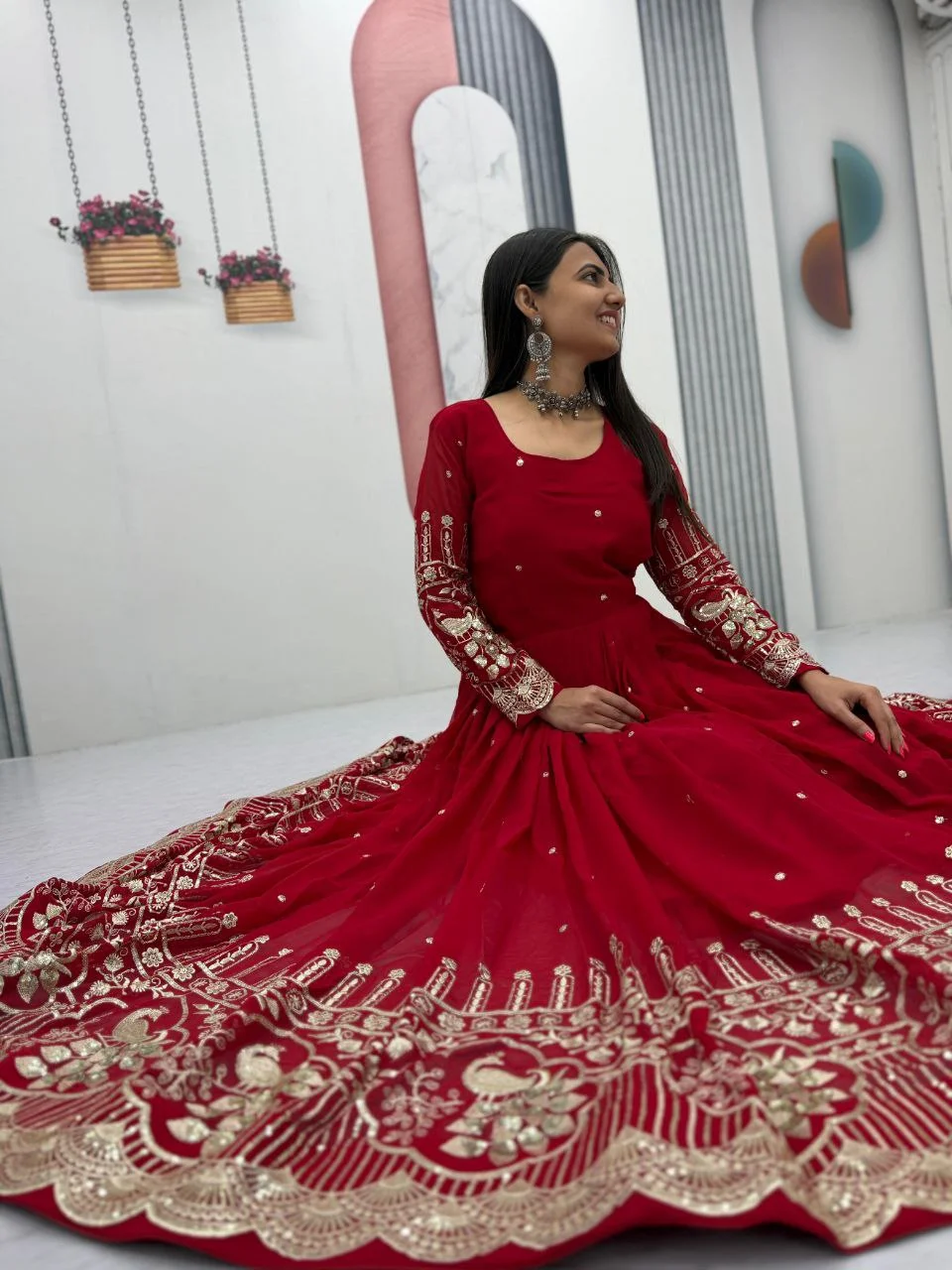Vidala Clothings Partywear Fox Georgette Gown & Dupatta Set in Red — photo 6 of 8