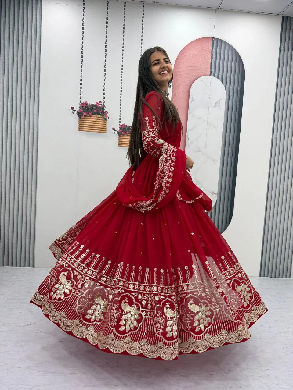 Vidala Clothings Partywear Fox Georgette Gown & Dupatta Set in Red — photo 7 of 8