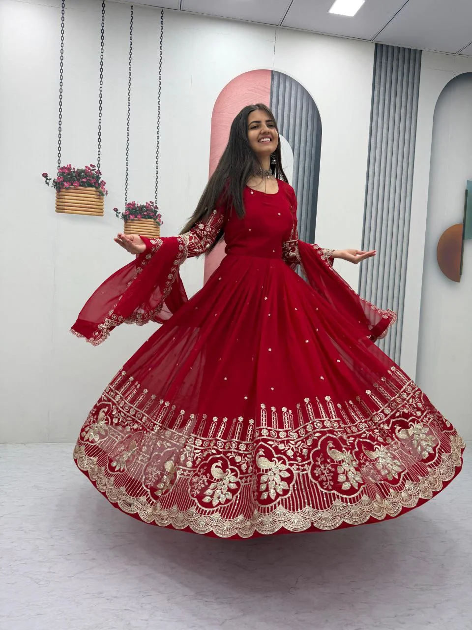 Vidala Clothings Partywear Fox Georgette Gown & Dupatta Set in Red — photo 8 of 8