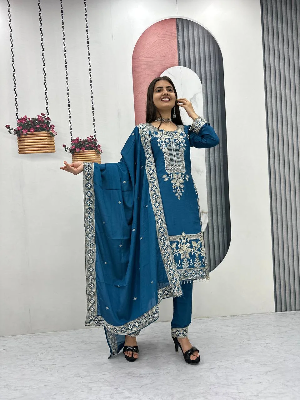 Vidala Clothings New Designer Party Wear Suit Pant & Dupatta Set in Blue — photo 2 of 5