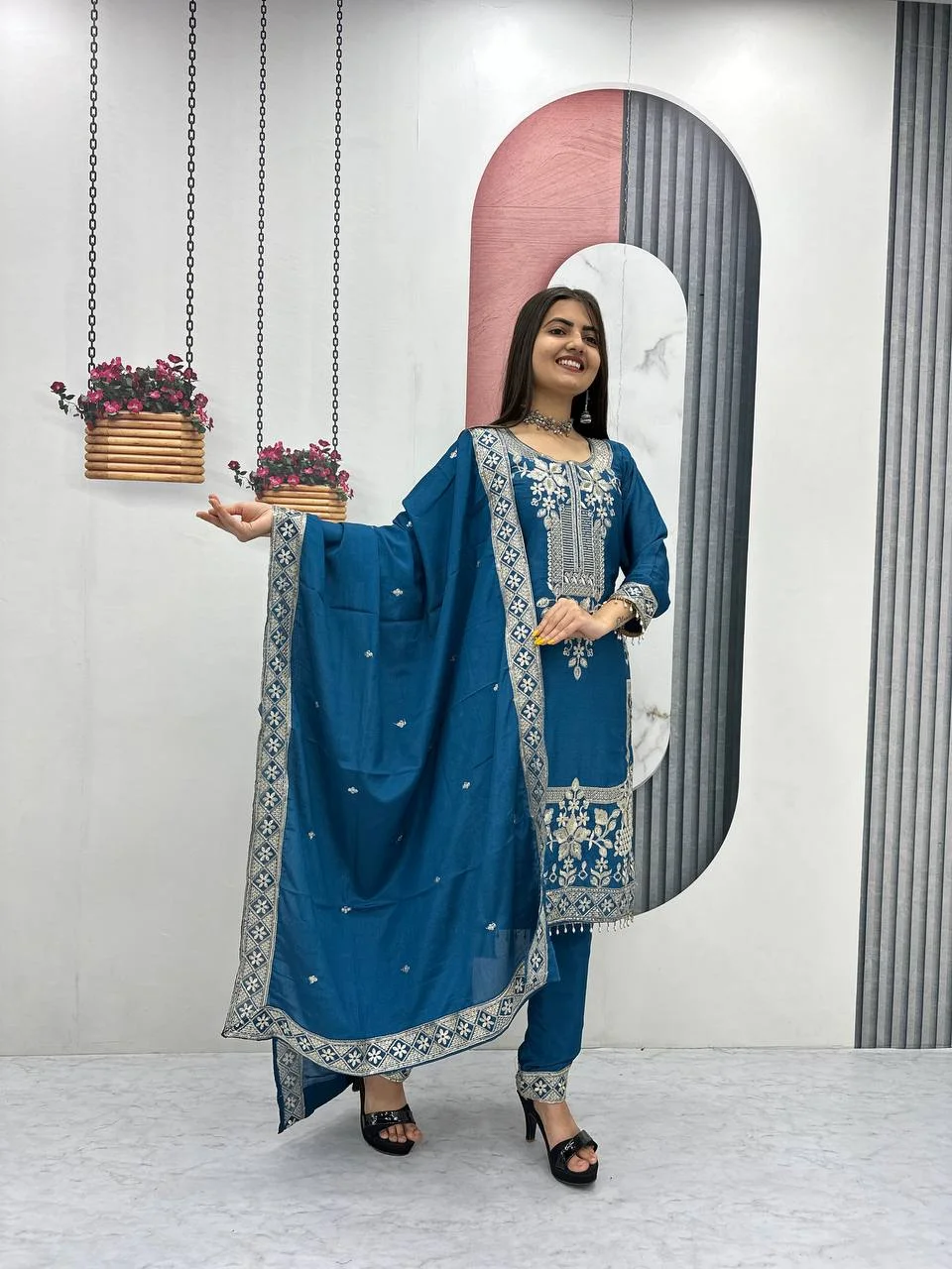 Vidala Clothings New Designer Party Wear Suit Pant & Dupatta Set in Blue — photo 4 of 5
