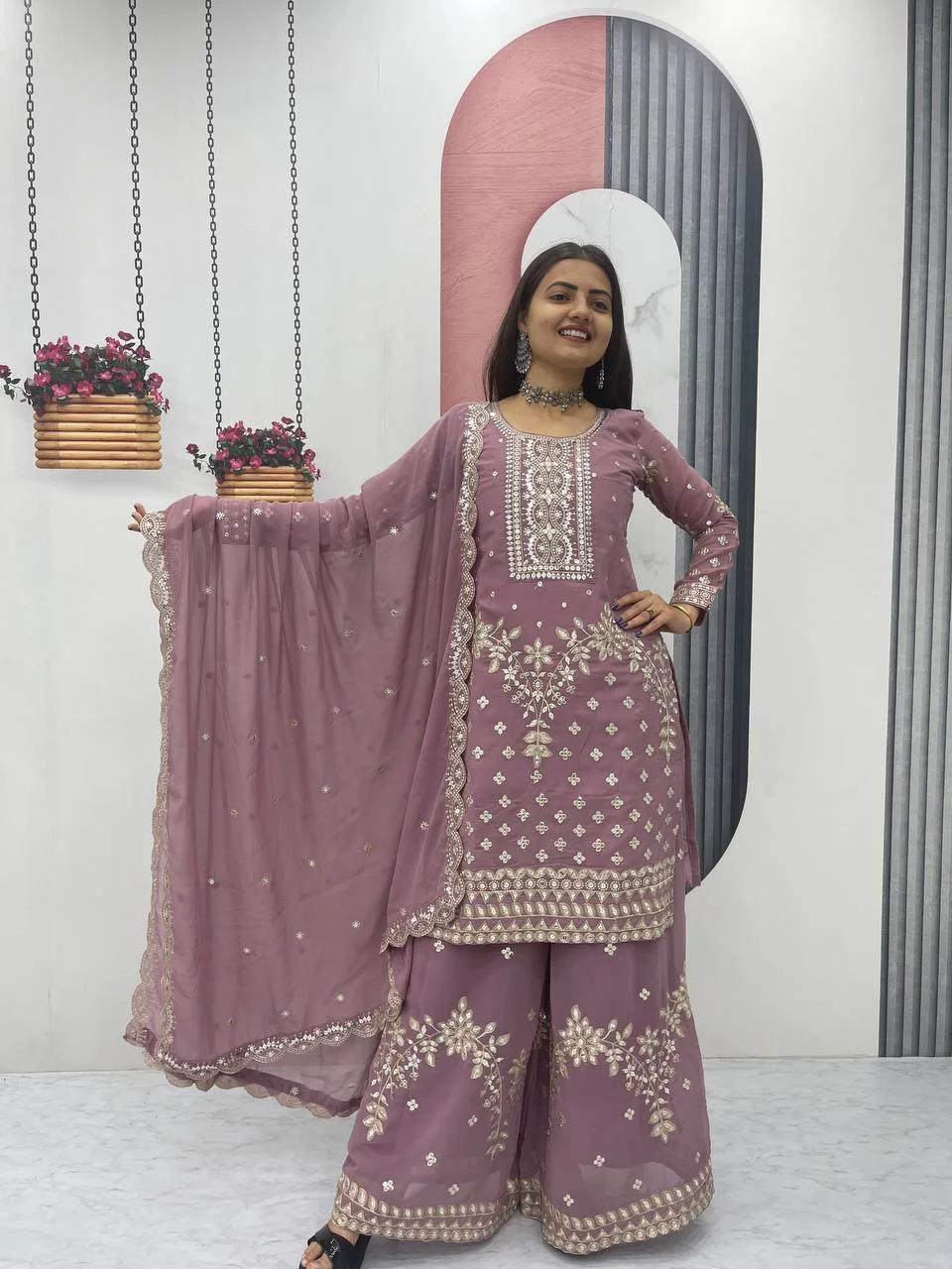 Vidala Clothings New Designer Party Wear Top Palazzo & Dupatta Set in Lavender — photo 8 of 10