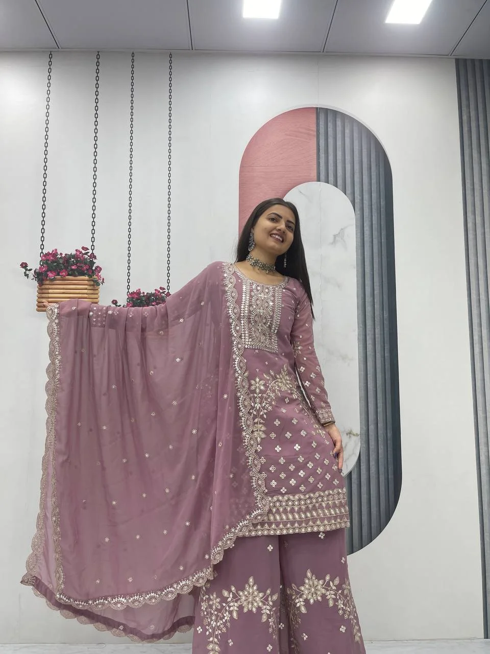 Vidala Clothings New Designer Party Wear Top Palazzo & Dupatta Set in Lavender — photo 9 of 10