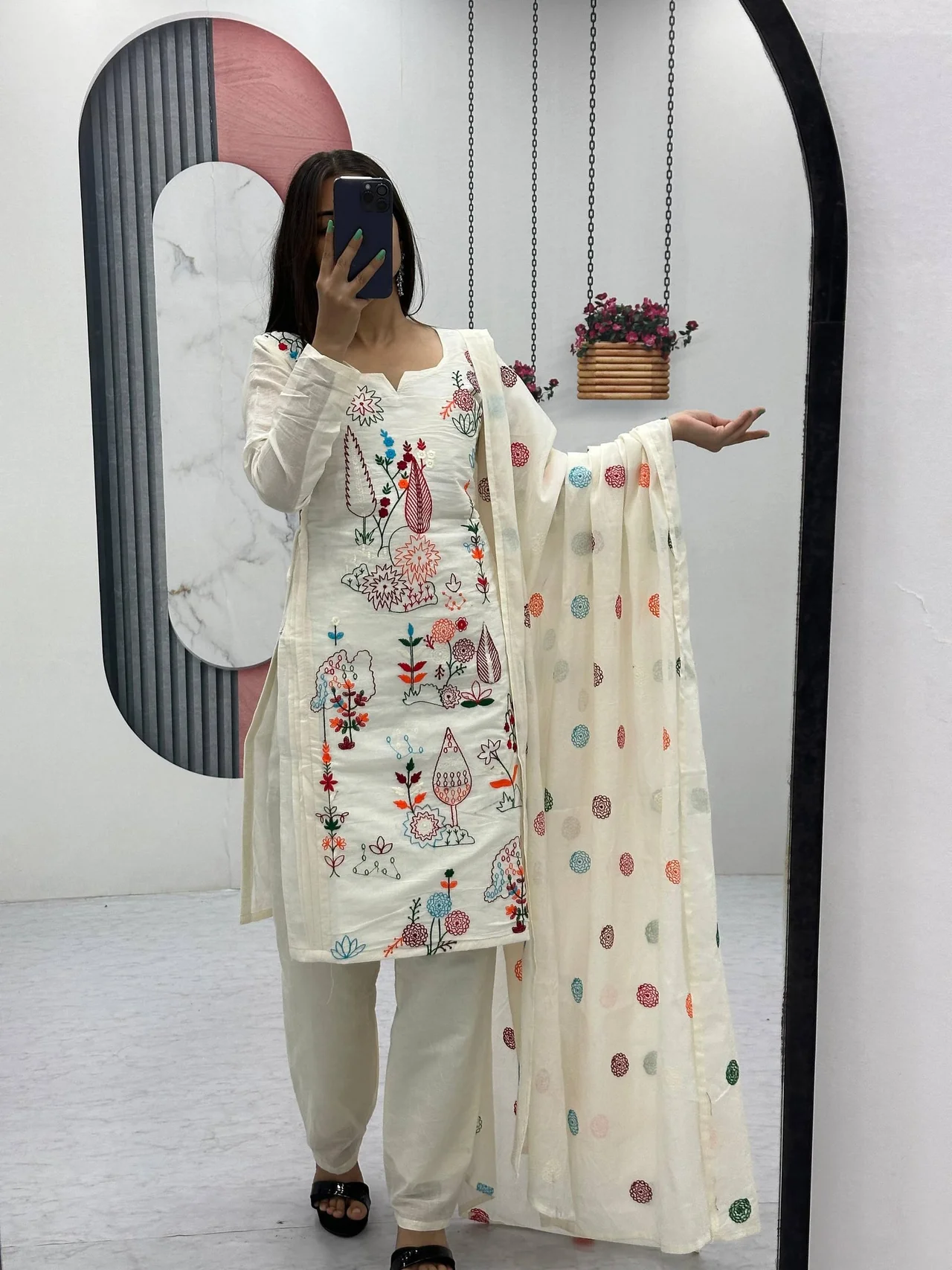 Vidala Clothings New Designer Party Wear Kurti Pant & Dupatta Set in Off White — photo 2 of 7