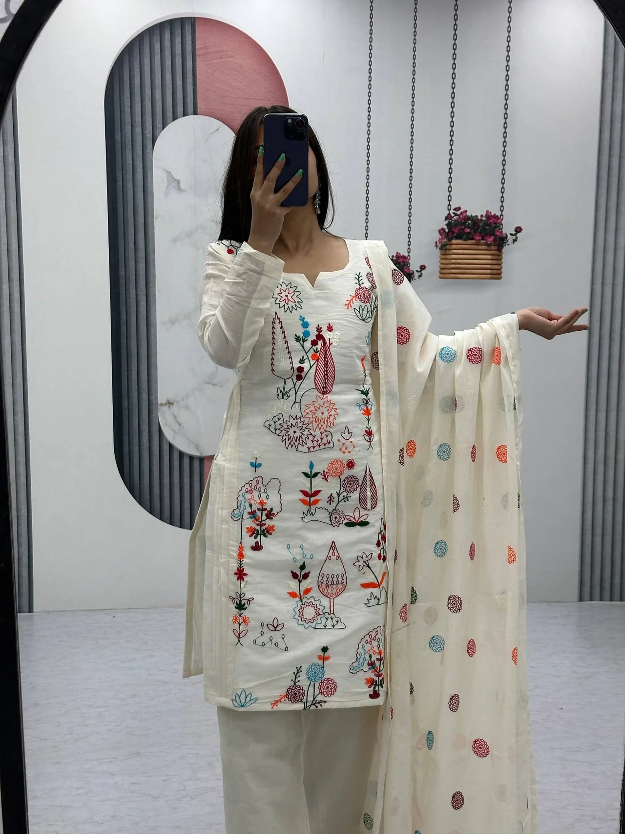 Vidala Clothings New Designer Party Wear Kurti Pant & Dupatta Set in Off White — photo 3 of 7