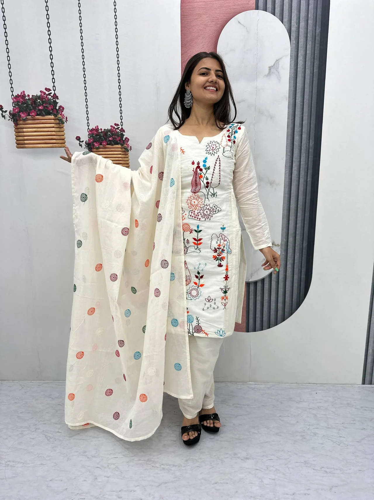 Vidala Clothings New Designer Party Wear Kurti Pant & Dupatta Set in Off White — photo 5 of 7