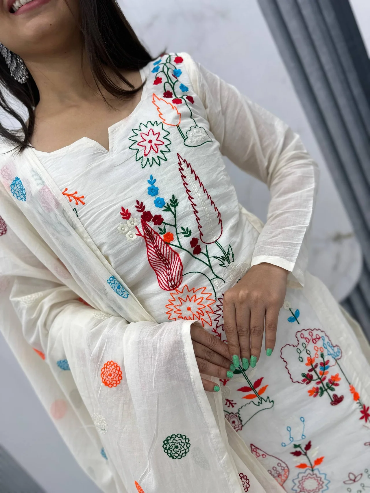 Vidala Clothings New Designer Party Wear Kurti Pant & Dupatta Set in Off White — photo 6 of 7