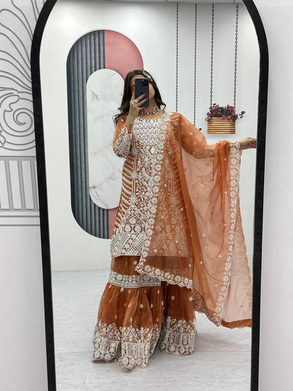 Vidala Clothings New Designer Party Wear Top With Farshi Sharara & Dupatta Set in Rust — photo 2 of 6