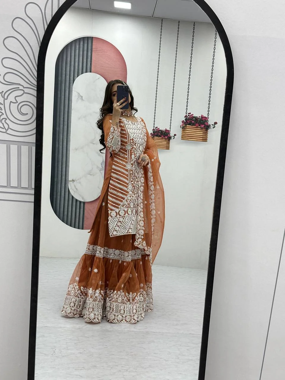 Vidala Clothings New Designer Party Wear Top With Farshi Sharara & Dupatta Set in Rust — photo 3 of 6