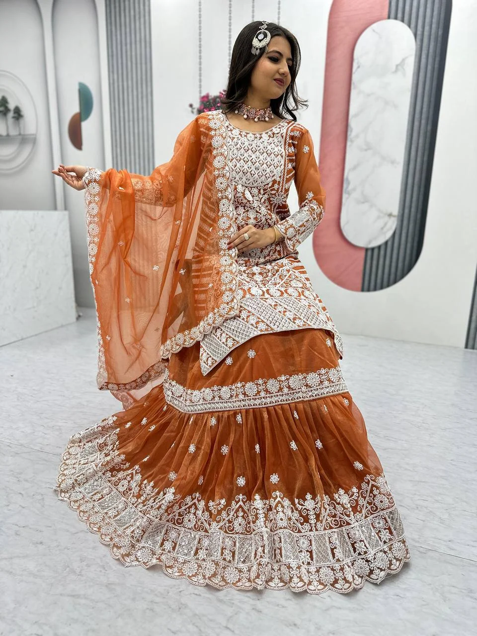 Vidala Clothings New Designer Party Wear Top With Farshi Sharara & Dupatta Set in Rust — photo 5 of 6