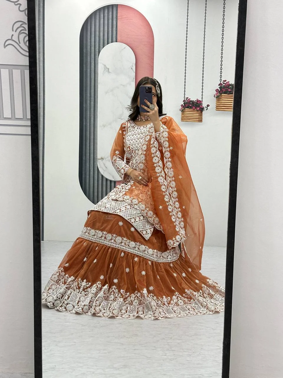 Vidala Clothings New Designer Party Wear Top With Farshi Sharara & Dupatta Set in Rust — photo 6 of 6