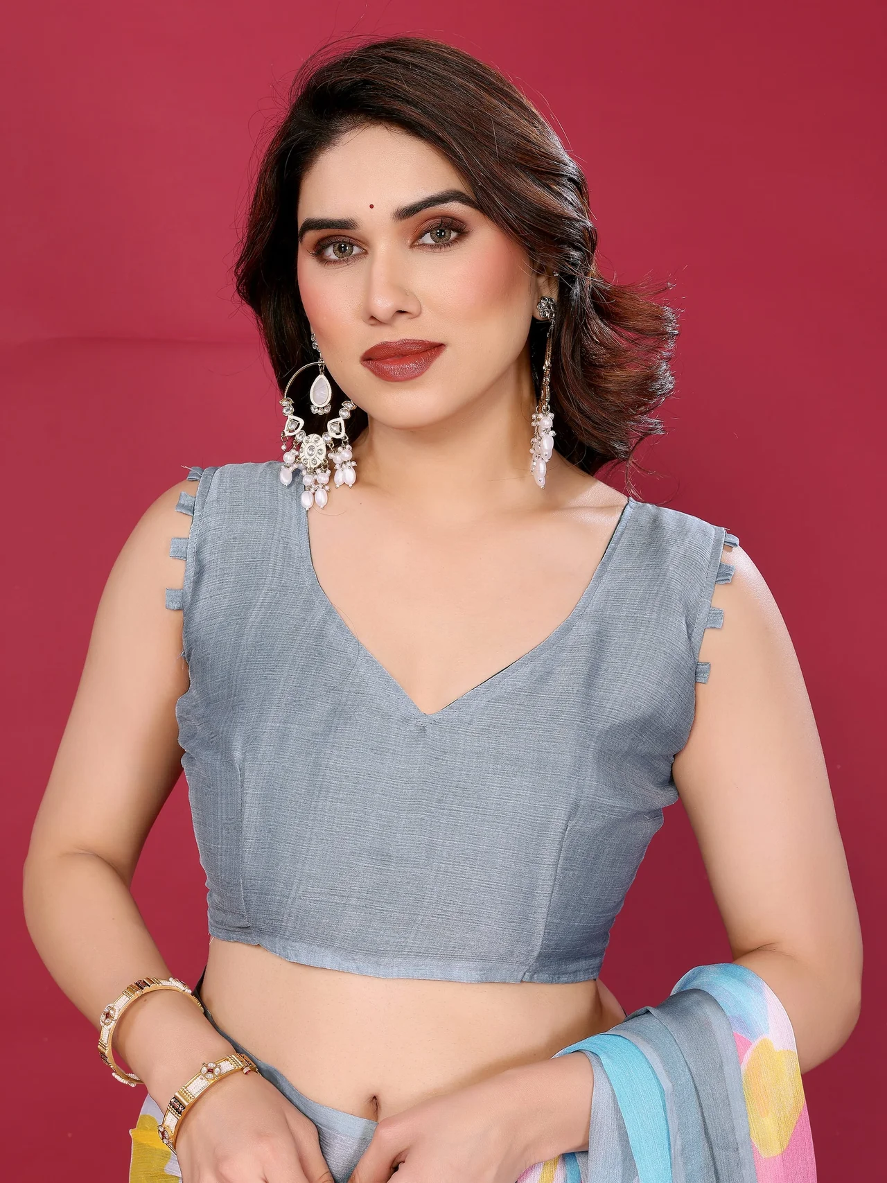 Moss Shiffon Printed Saree with Blouse in Grey — photo 6 of 8