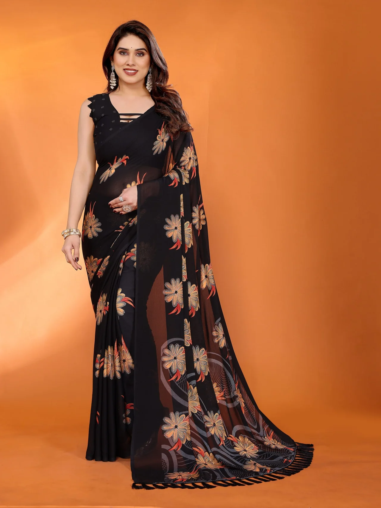 Dull Moss Printed Saree with Zari Work & Blouse in Black — photo 2 of 8