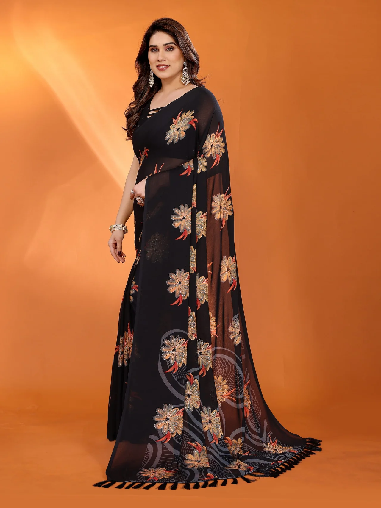 Dull Moss Printed Saree with Zari Work & Blouse in Black — photo 3 of 8