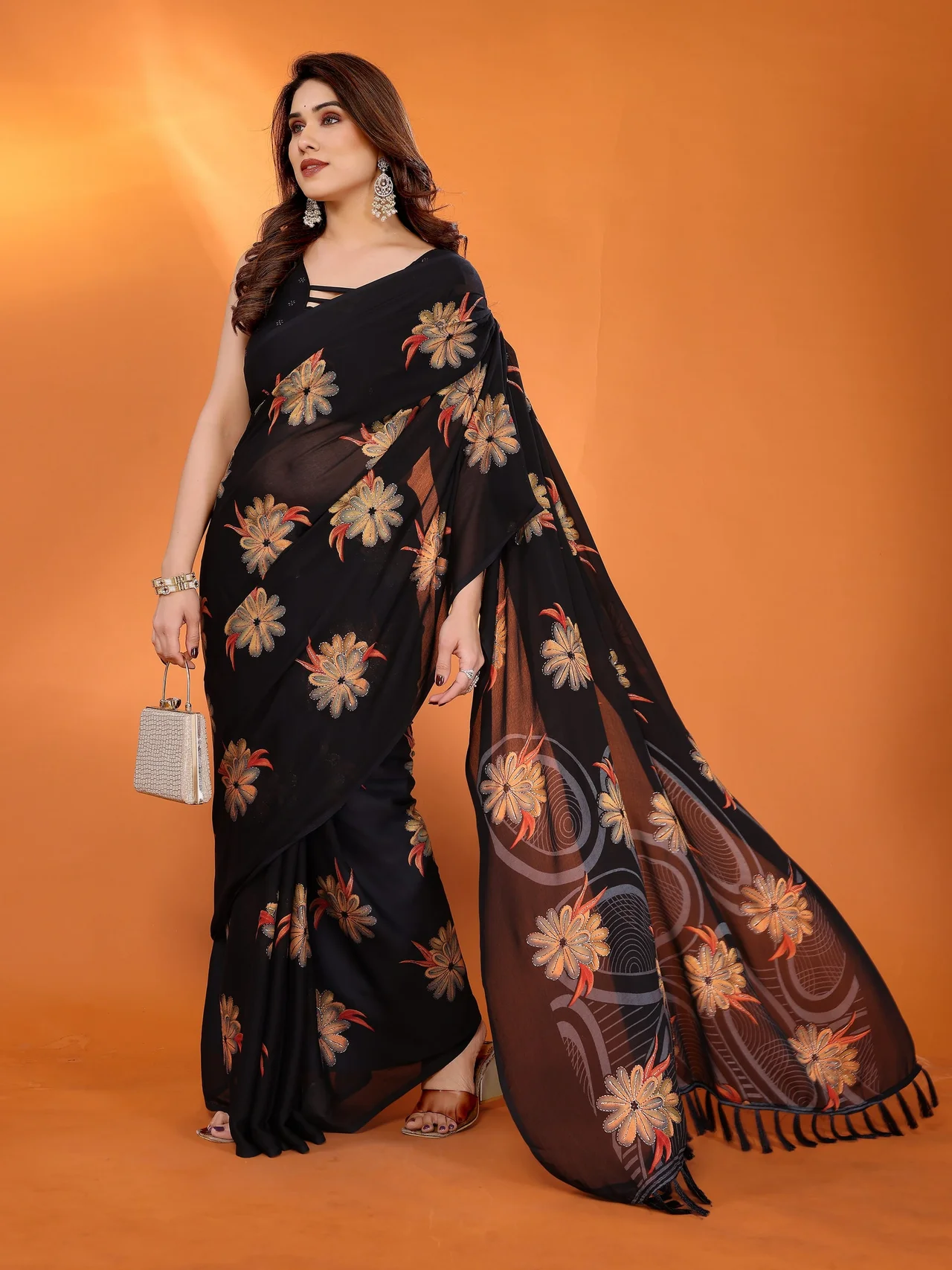 Dull Moss Printed Saree with Zari Work & Blouse in Black — photo 4 of 8