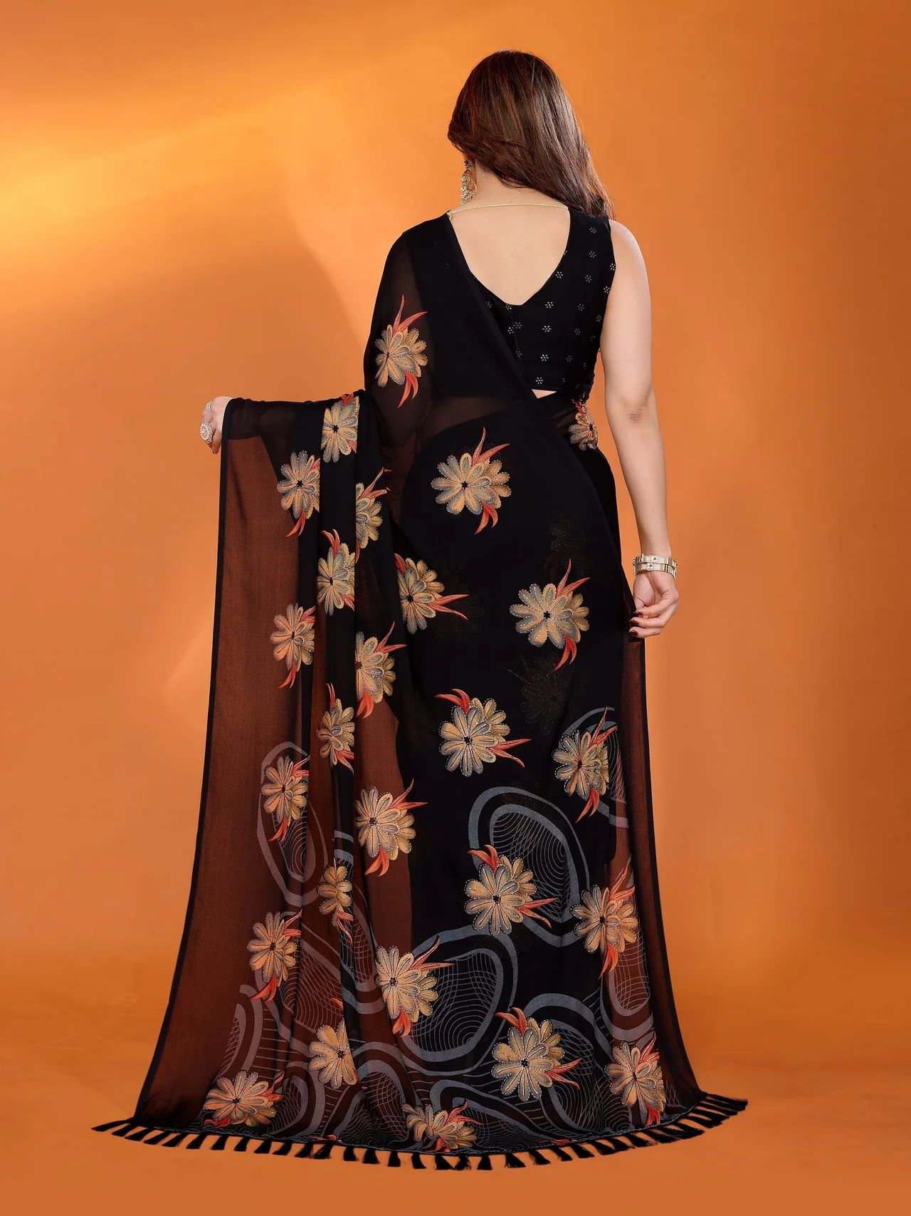 Dull Moss Printed Saree with Zari Work & Blouse in Black — photo 5 of 8