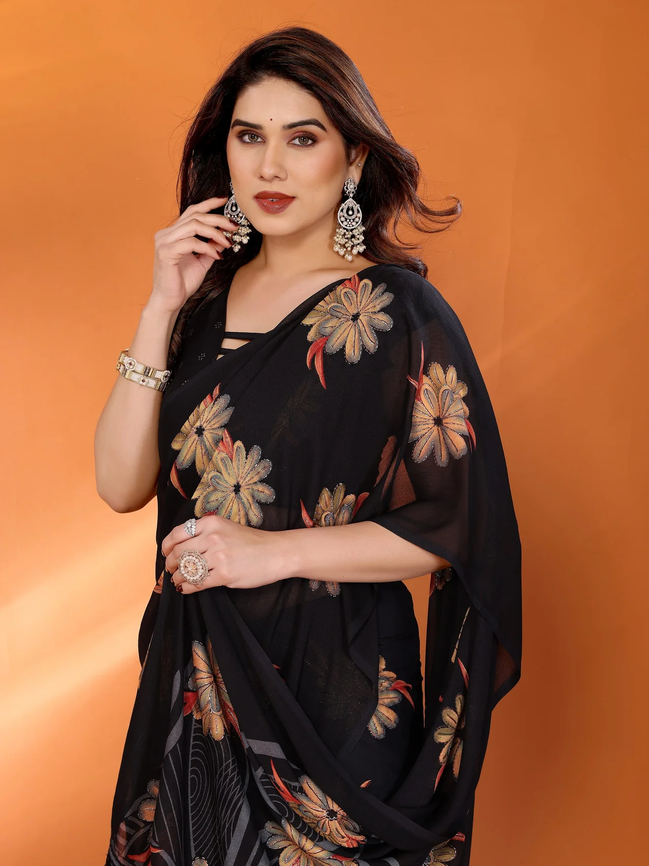 Dull Moss Printed Saree with Zari Work & Blouse in Black — photo 6 of 8