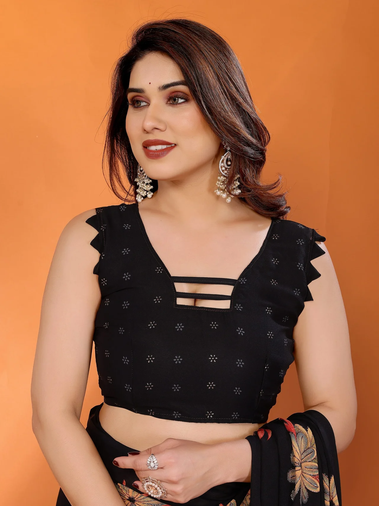 Dull Moss Printed Saree with Zari Work & Blouse in Black — photo 7 of 8