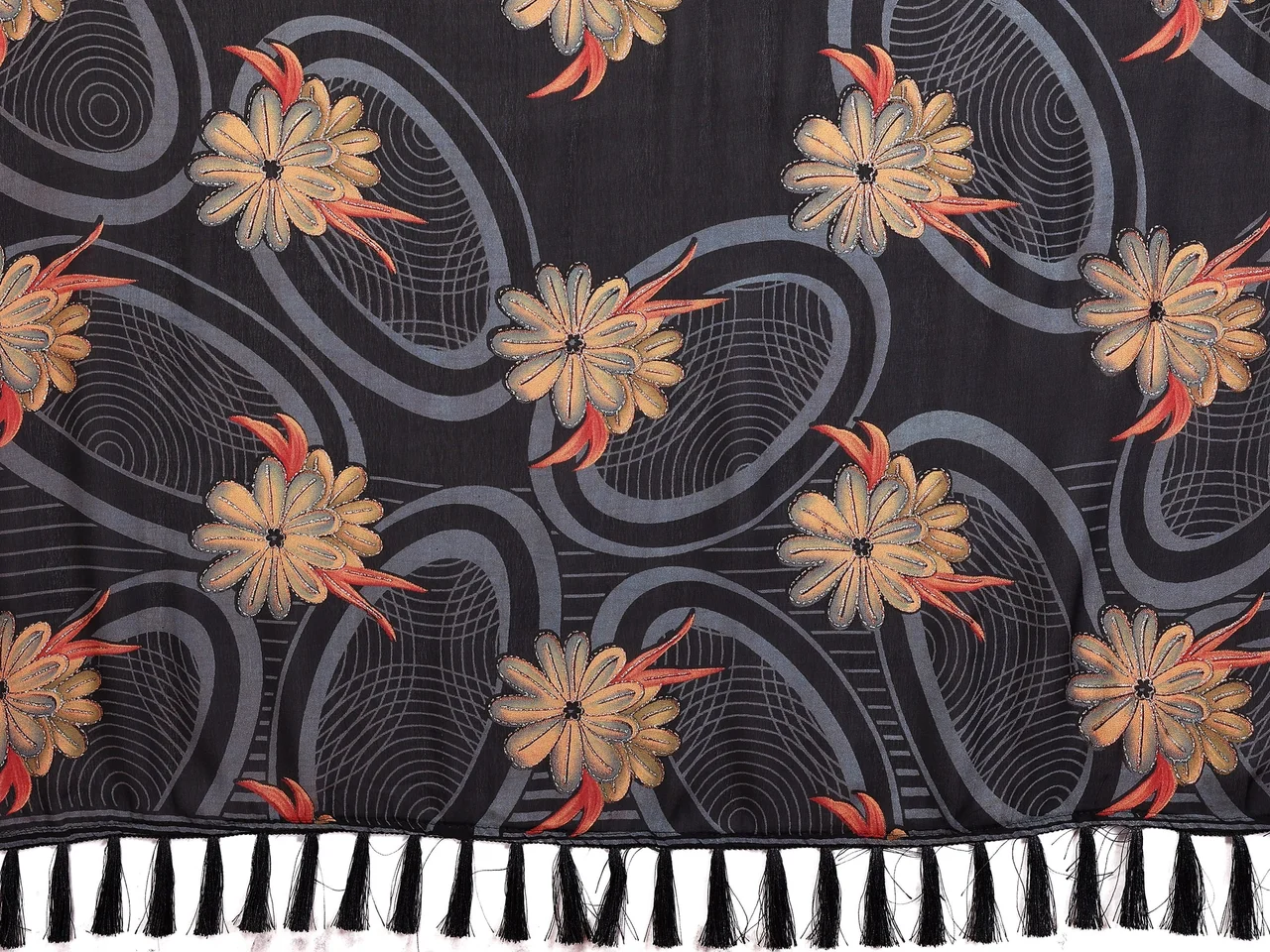 Dull Moss Printed Saree with Zari Work & Blouse in Black — photo 8 of 8