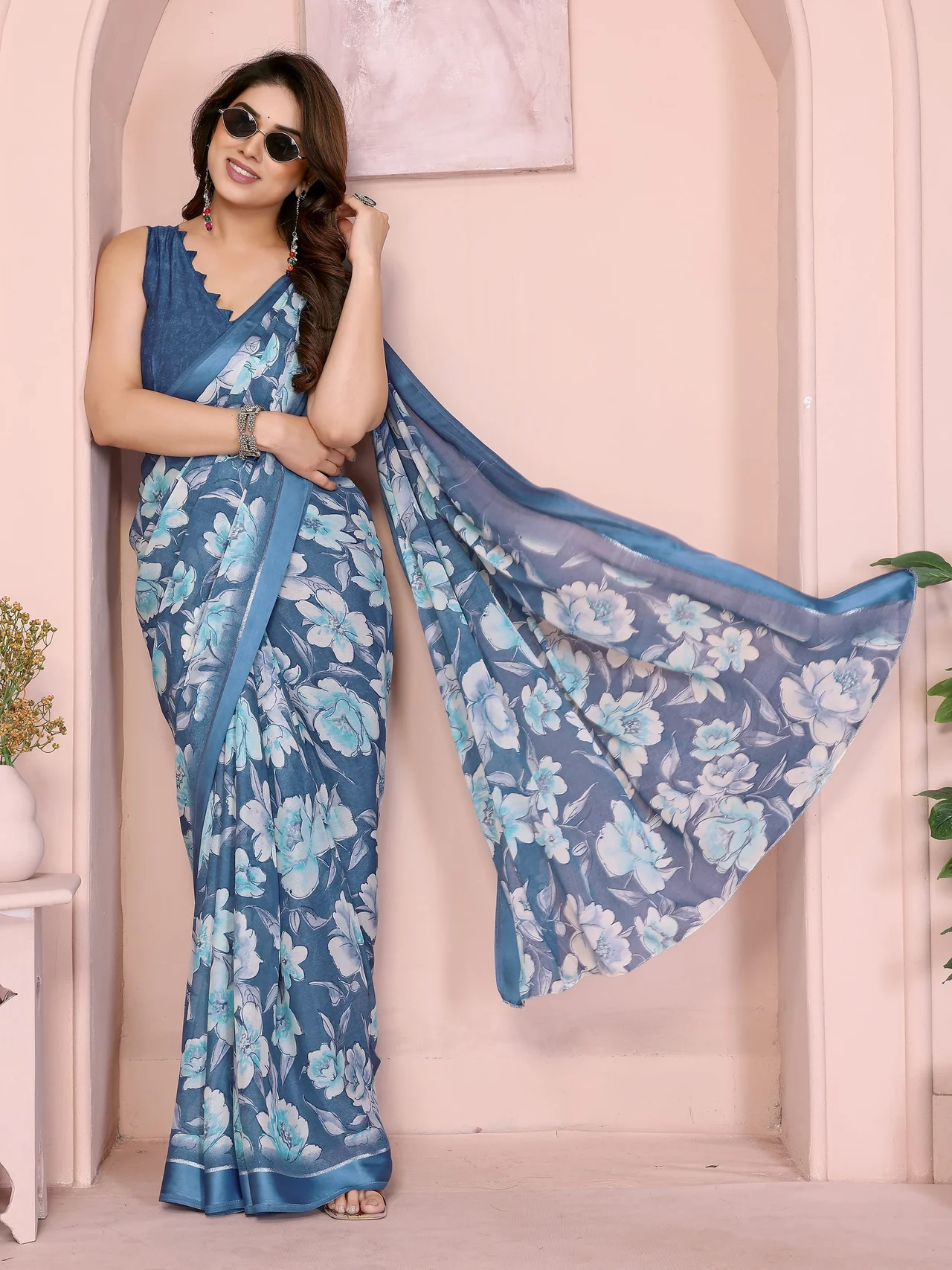 Bright Moss Satin Patta Printed Saree with Blouse in Blue — photo 2 of 8