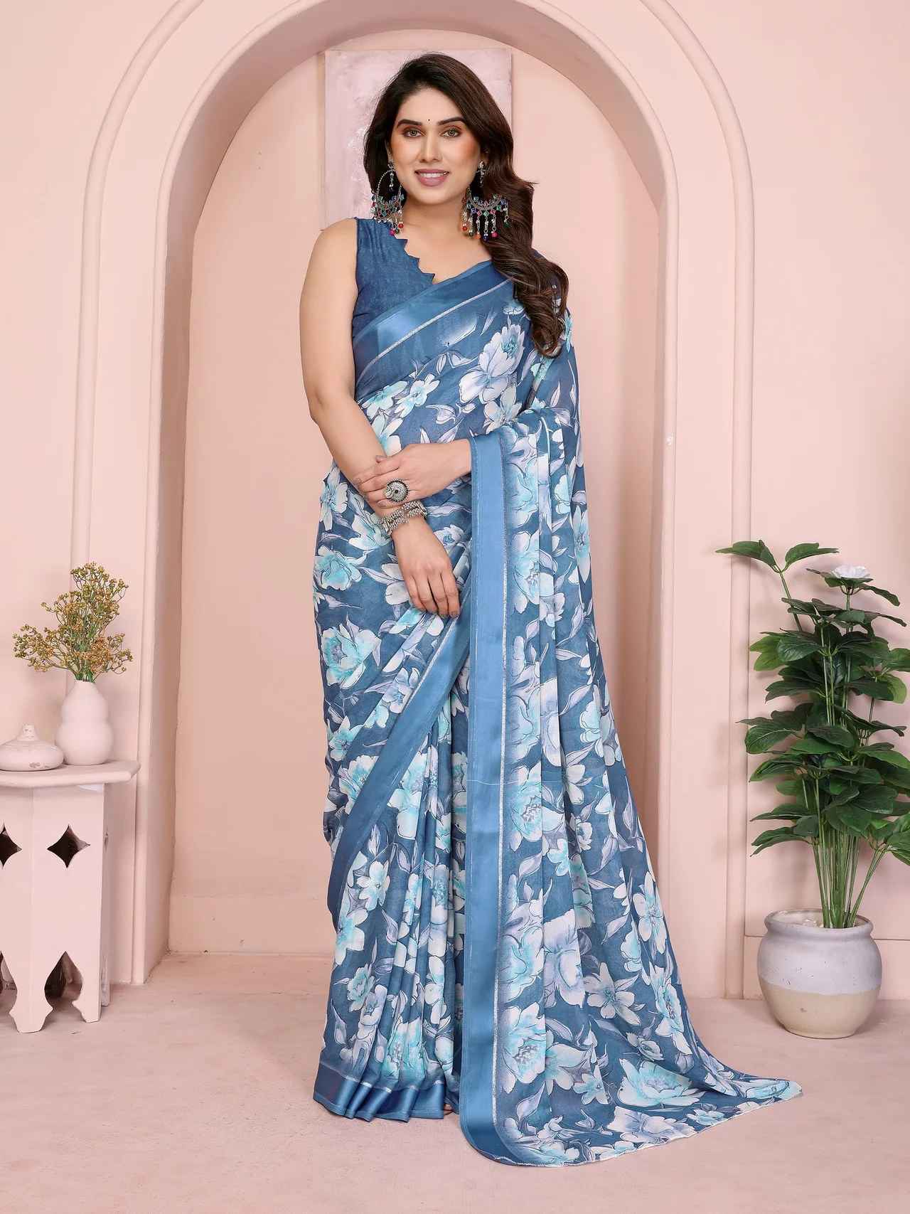 Bright Moss Satin Patta Printed Saree with Blouse in Blue — photo 3 of 8