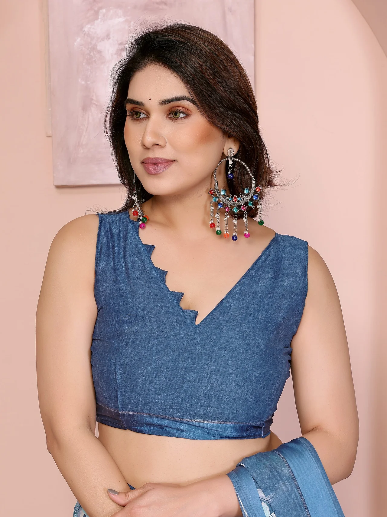 Bright Moss Satin Patta Printed Saree with Blouse in Blue — photo 7 of 8