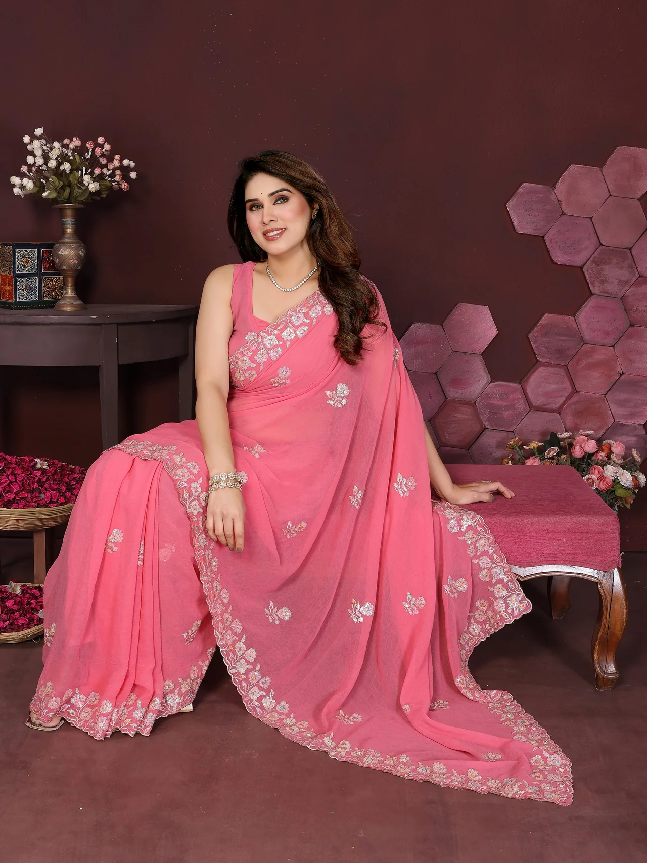 Georgette Silk Embroidery Work Saree with Embroidered Blouse in Peach — photo 2 of 7