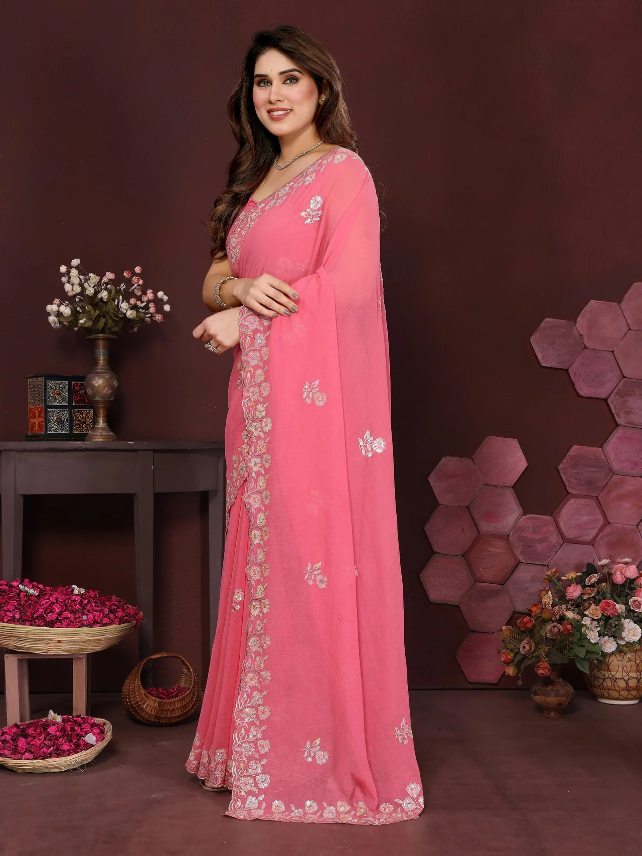 Georgette Silk Embroidery Work Saree with Embroidered Blouse in Peach — photo 4 of 7