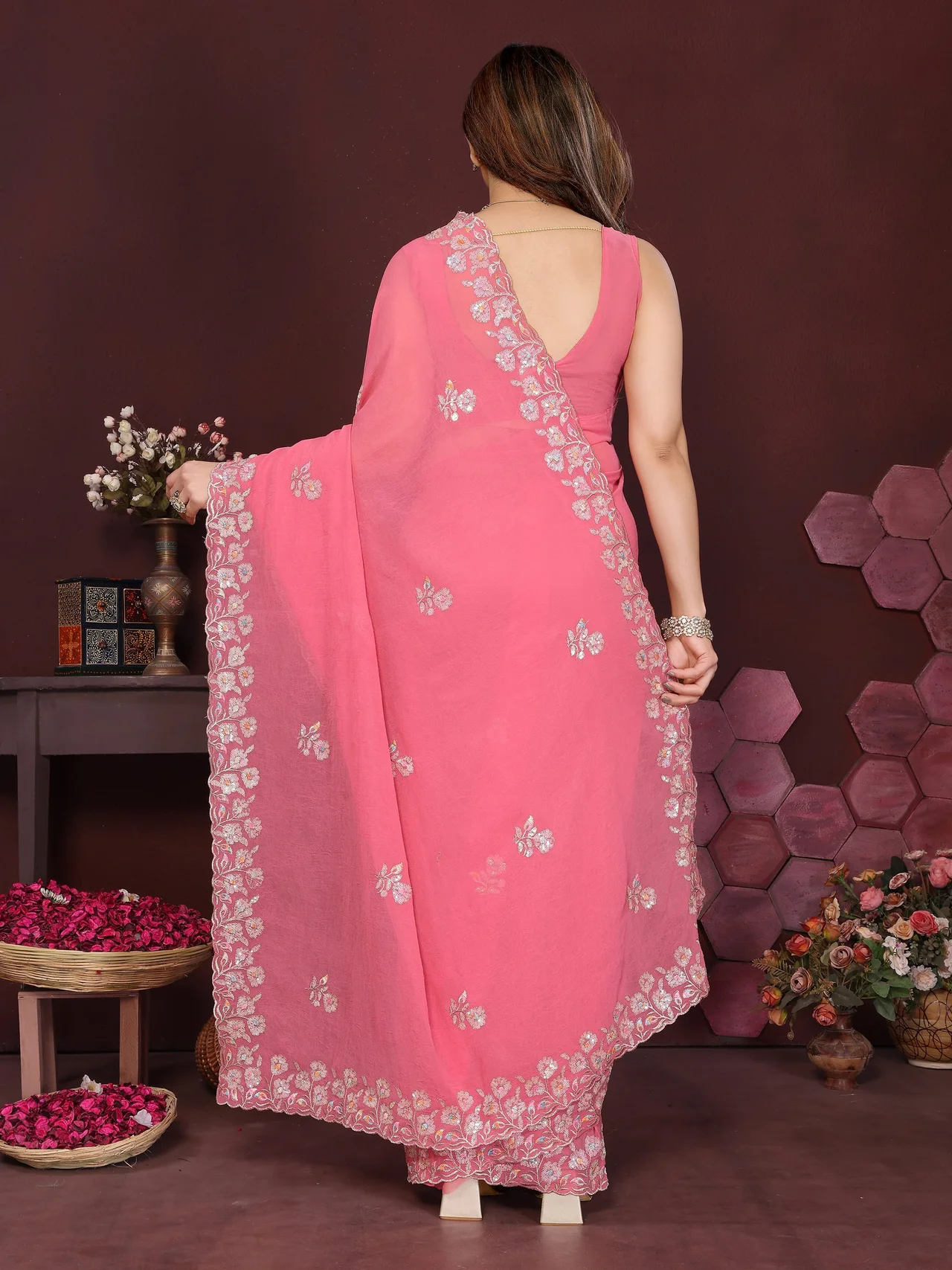 Georgette Silk Embroidery Work Saree with Embroidered Blouse in Peach — photo 5 of 7