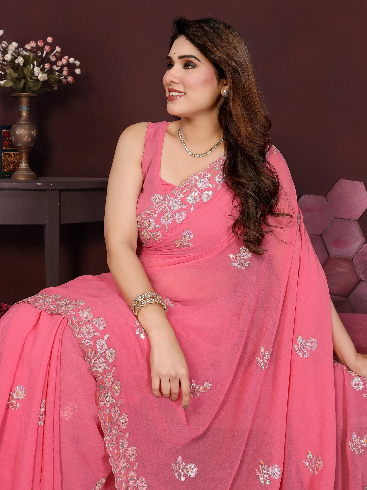 Georgette Silk Embroidery Work Saree with Embroidered Blouse in Peach — photo 6 of 7