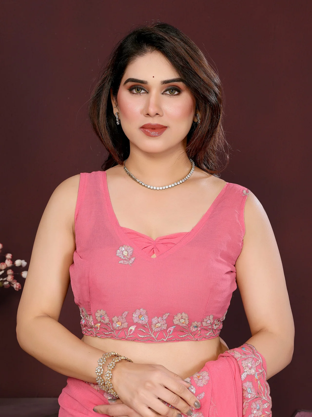 Georgette Silk Embroidery Work Saree with Embroidered Blouse in Peach — photo 7 of 7