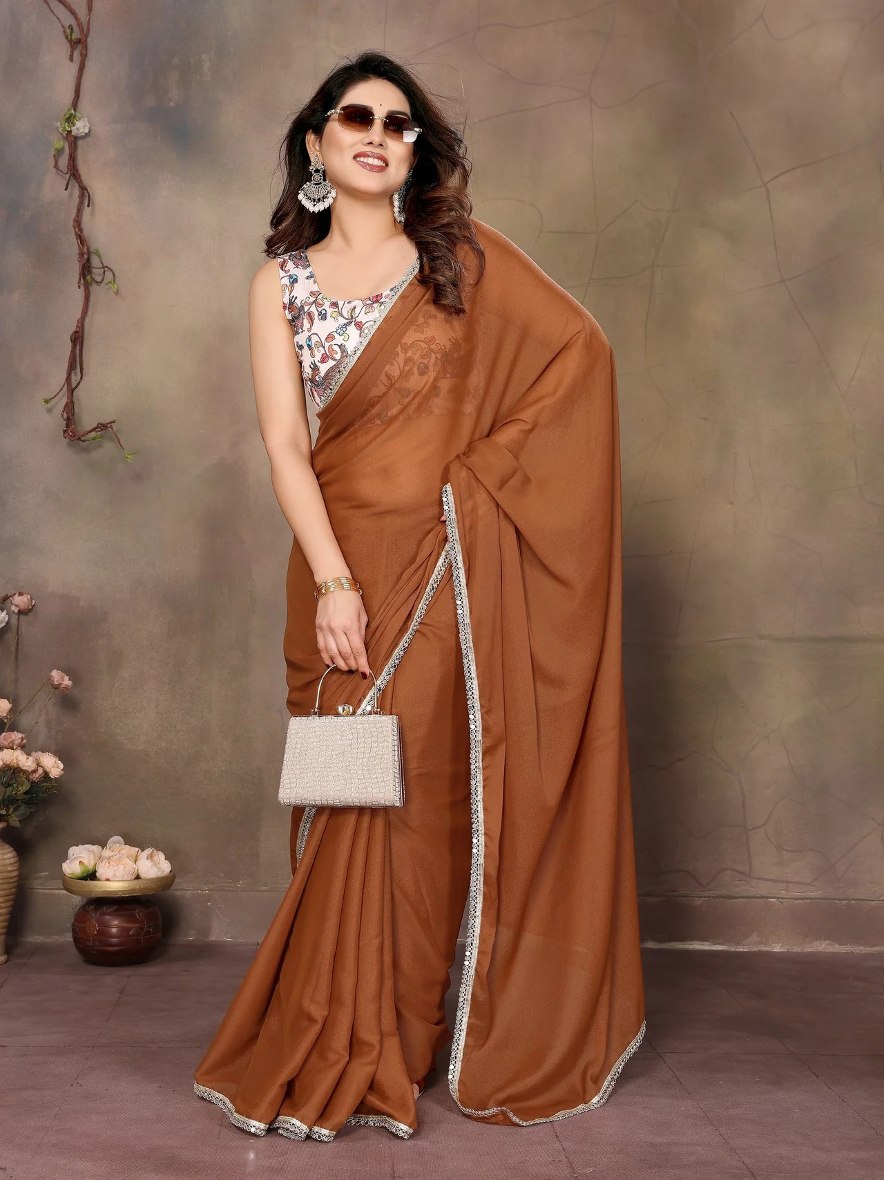 Star Georgette Saree with Real Mirror Work & Blouse in Brown — photo 2 of 9