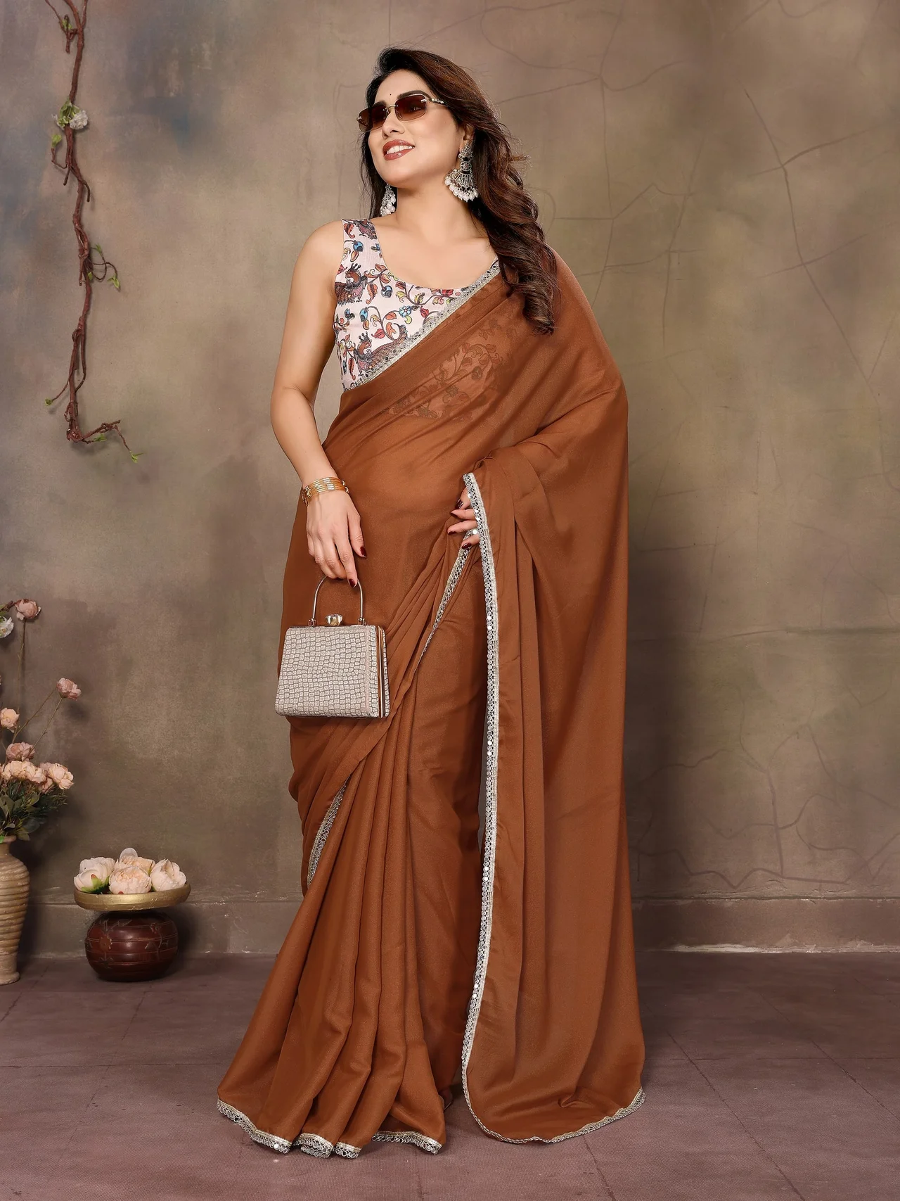 Star Georgette Saree with Real Mirror Work & Blouse in Brown — photo 3 of 9