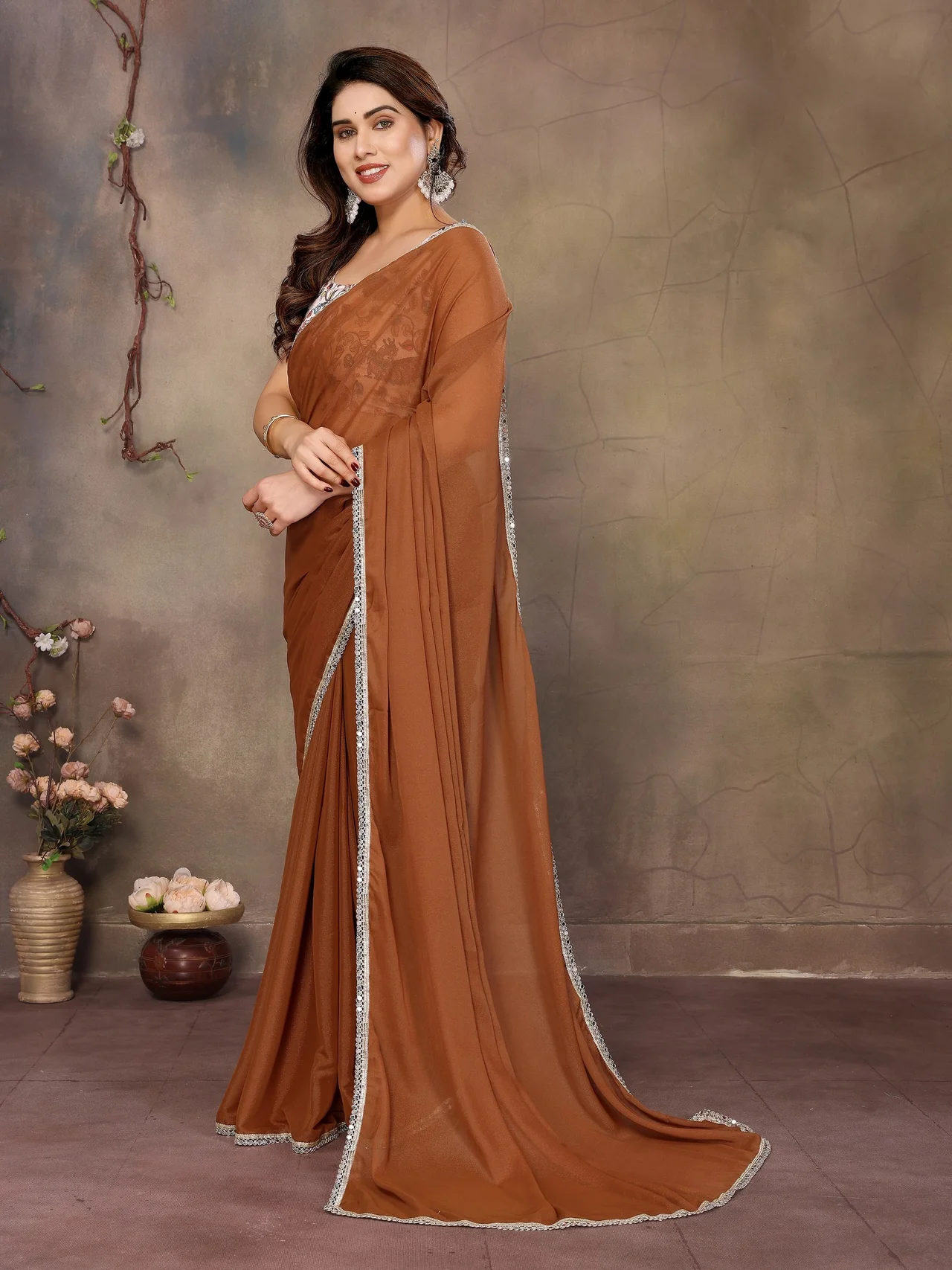 Star Georgette Saree with Real Mirror Work & Blouse in Brown — photo 4 of 9