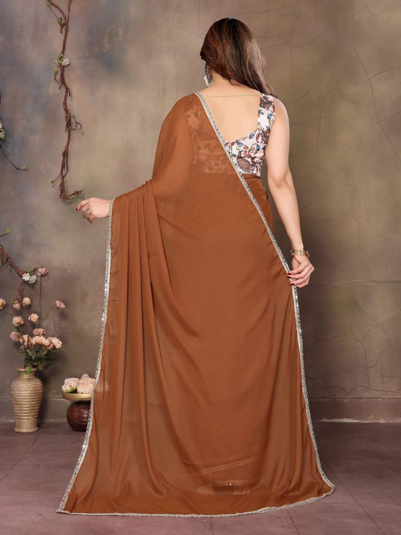 Star Georgette Saree with Real Mirror Work & Blouse in Brown — photo 5 of 9