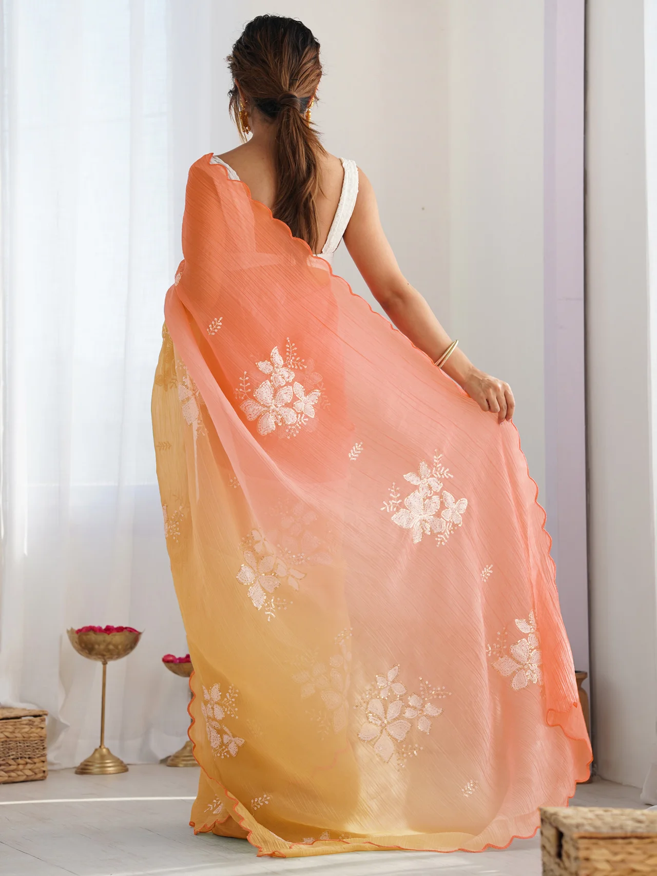 Gold Crush Embroidery Work Saree with Roto Banglori Blouse in Yellow — photo 4 of 6
