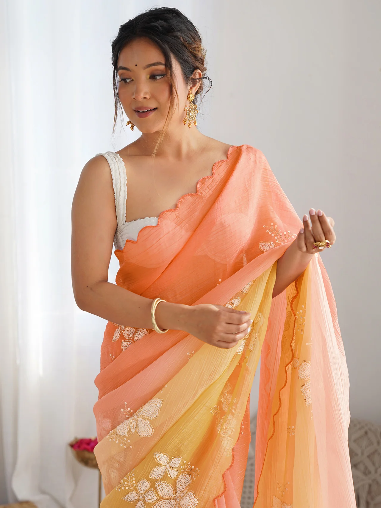 Gold Crush Embroidery Work Saree with Roto Banglori Blouse in Yellow — photo 5 of 6