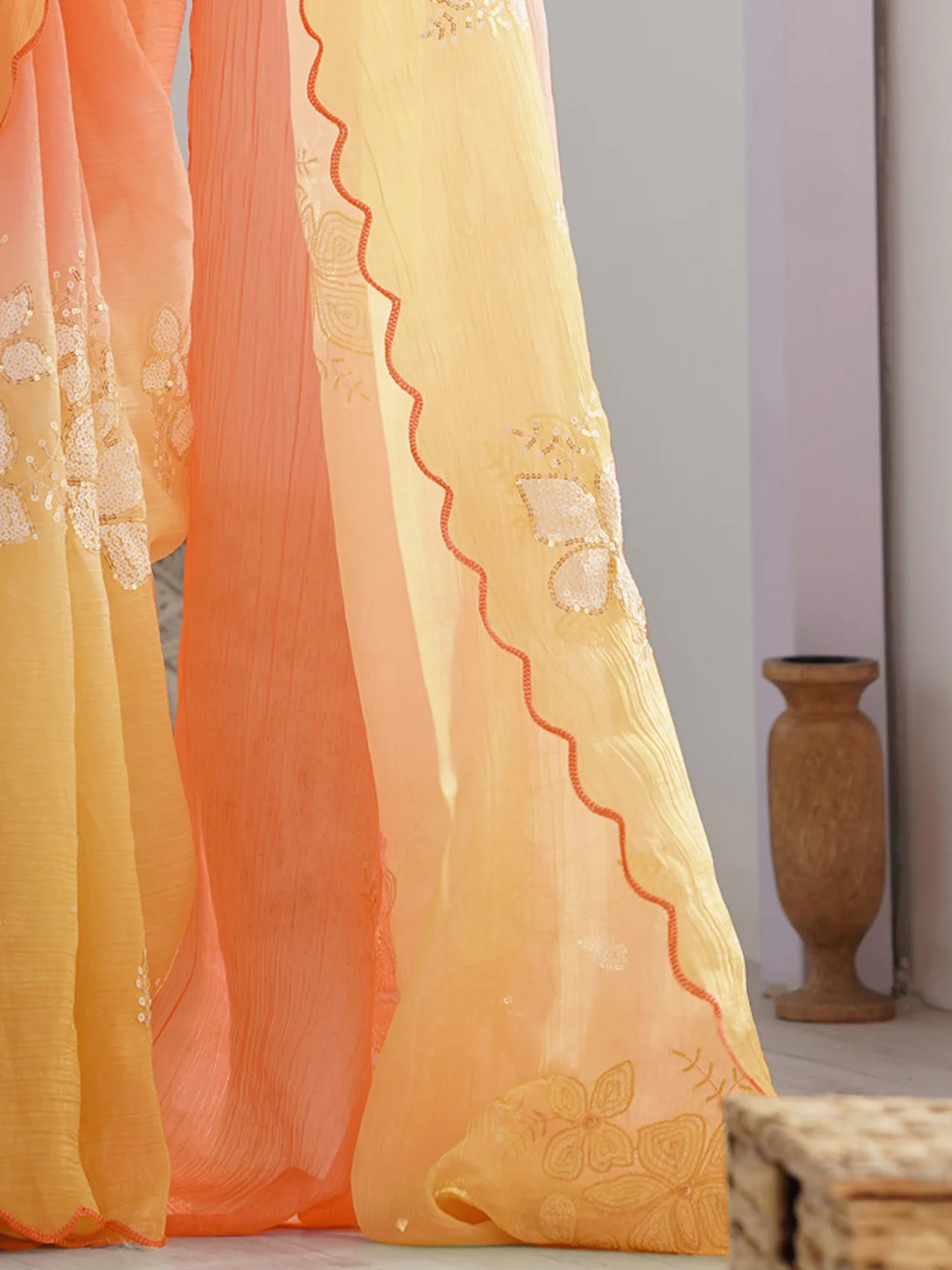 Gold Crush Embroidery Work Saree with Roto Banglori Blouse in Yellow — photo 6 of 6