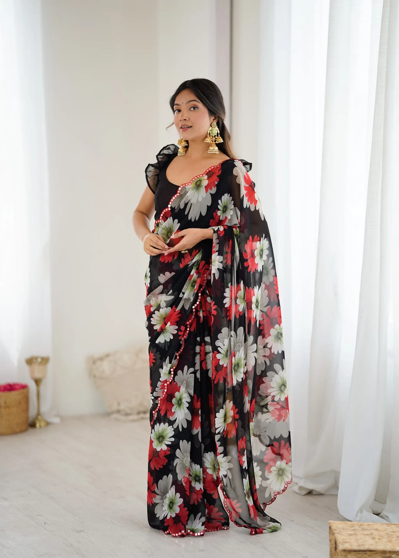 Georgette Printed Saree with Mirror Work & Unstitched Blouse in Black — photo 3 of 6