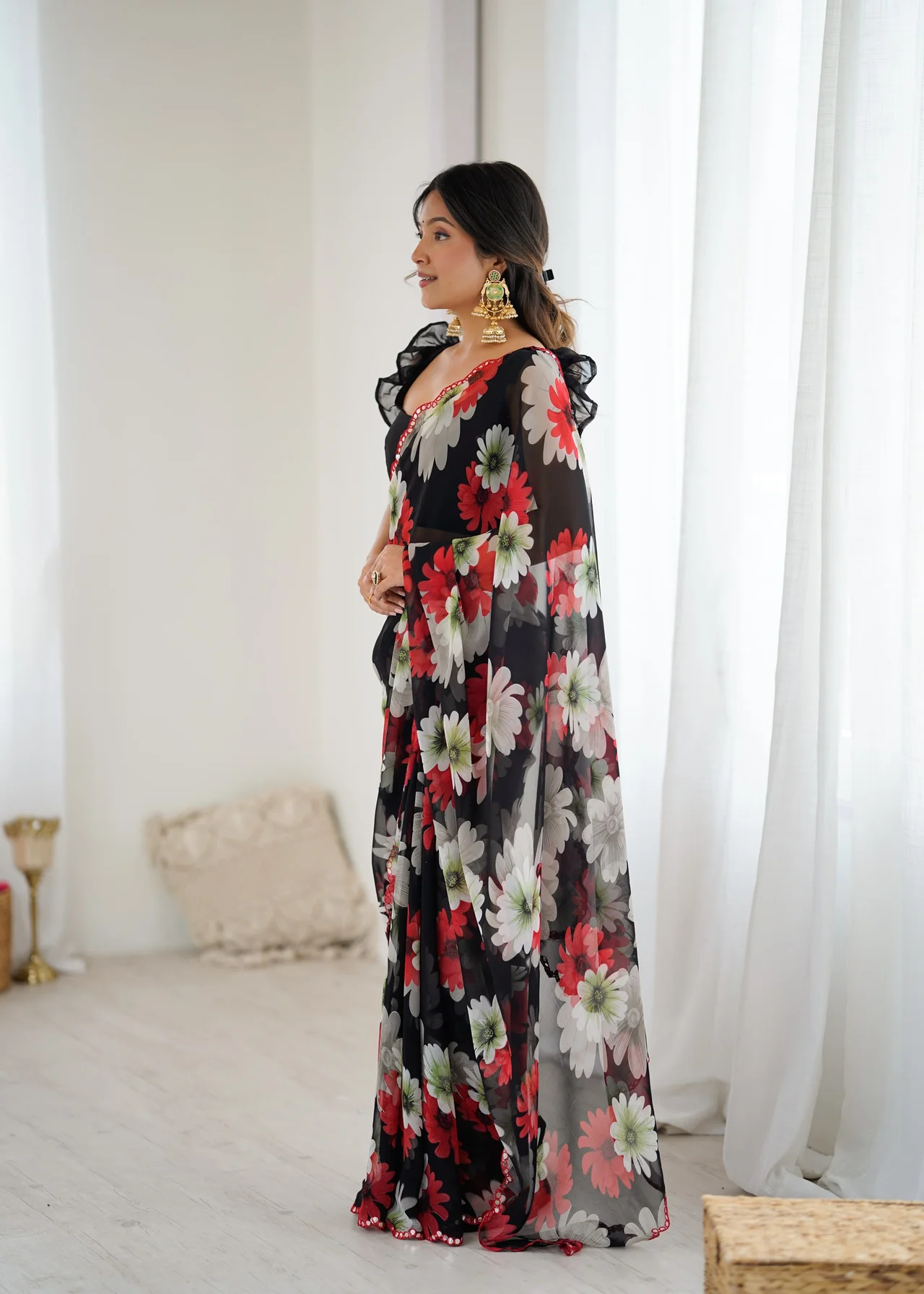 Georgette Printed Saree with Mirror Work & Unstitched Blouse in Black — photo 4 of 6