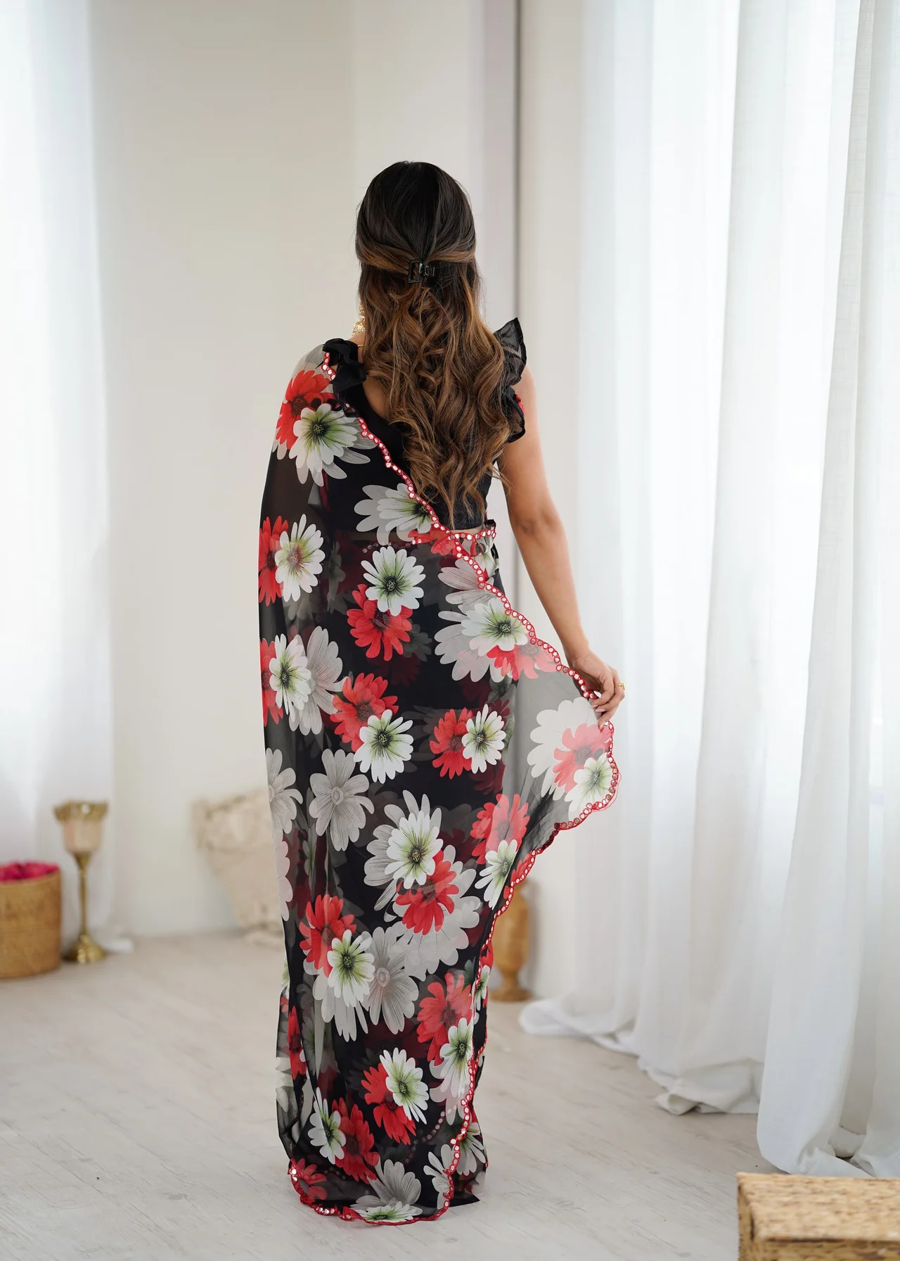 Georgette Printed Saree with Mirror Work & Unstitched Blouse in Black — photo 5 of 6
