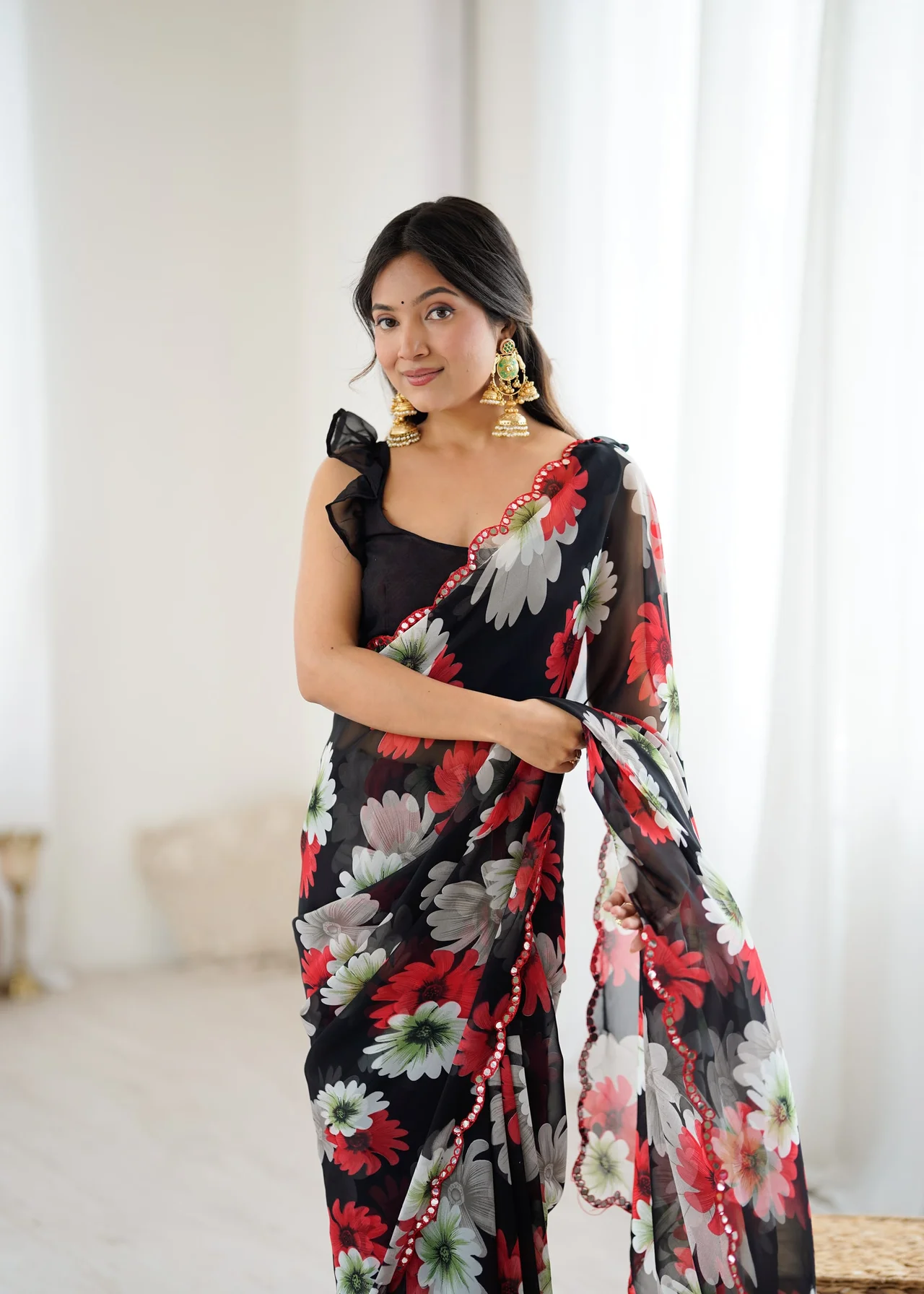 Georgette Printed Saree with Mirror Work & Unstitched Blouse in Black — photo 6 of 6