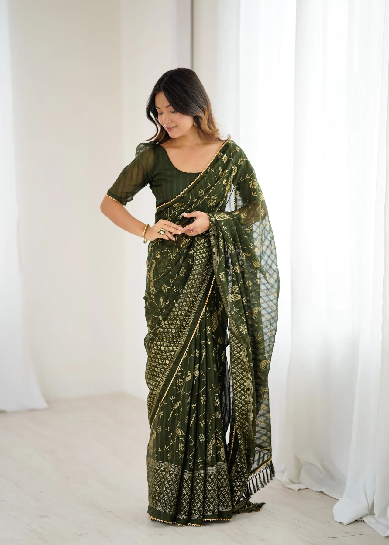 Georgette Patta Foil Work Saree with Lace & Zalar in Mehendi Green — photo 2 of 7