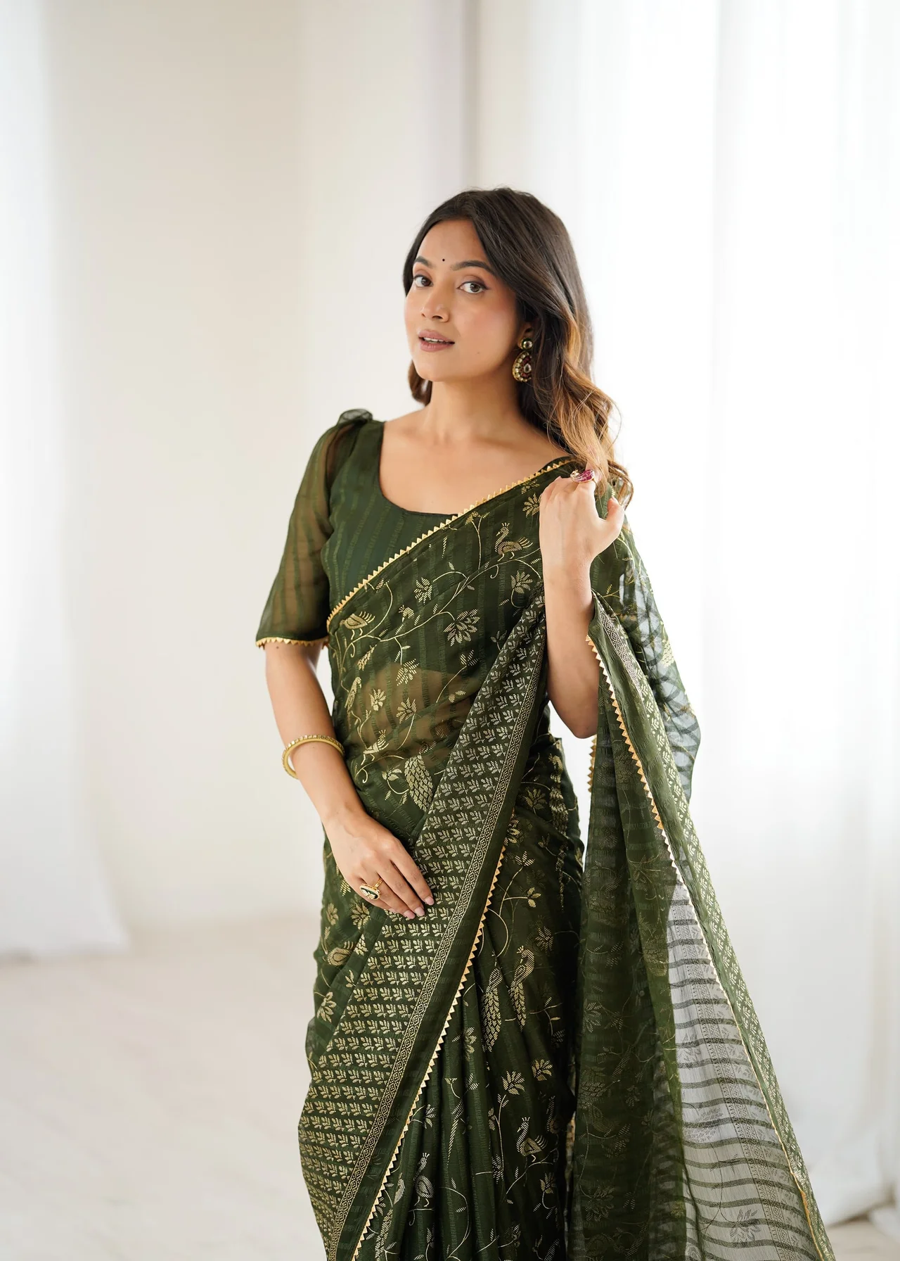 Georgette Patta Foil Work Saree with Lace & Zalar in Mehendi Green — photo 6 of 7