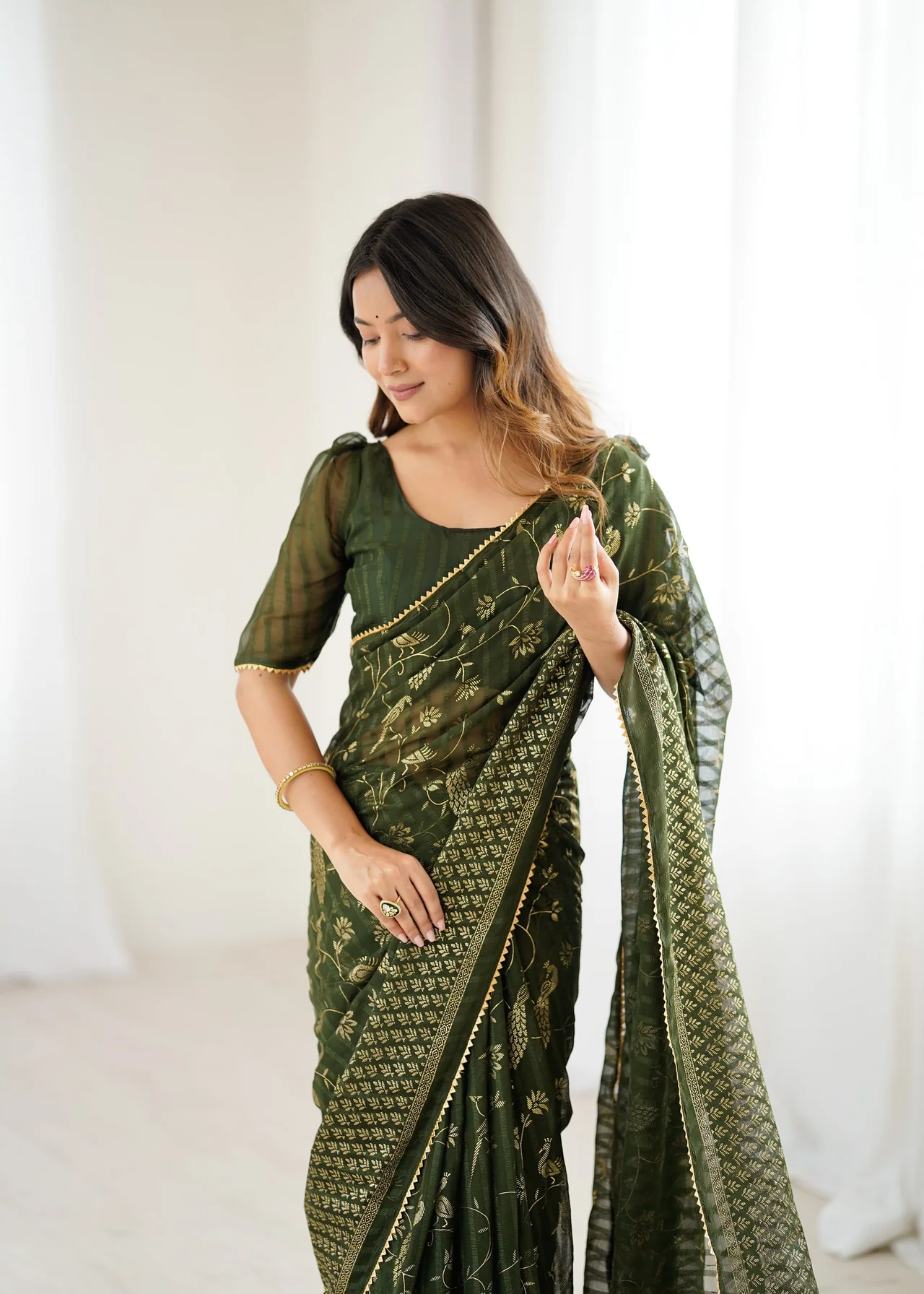 Georgette Patta Foil Work Saree with Lace & Zalar in Mehendi Green — photo 7 of 7